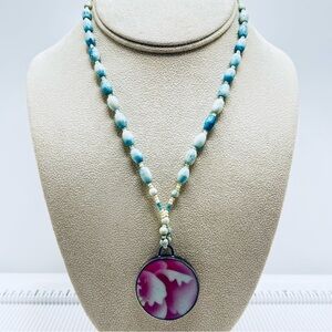 Peyote Bird Vintage Elegant Blue Larimar and Pink Ceramic Pendant Necklace